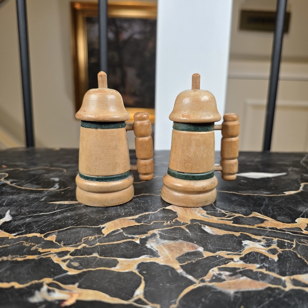 Vintage Wooden Salt & Pepper Shakers German Beer Stein Tankard Style Handcrafted
